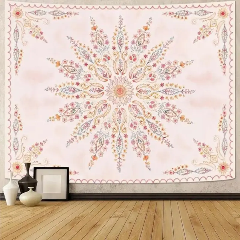 VIKAMA Bohemian Floral Mandala Wall Tapestry Beige Background Center Flower Radiating Leaf Orange Red Blue Ethnic Boho Chic Soft