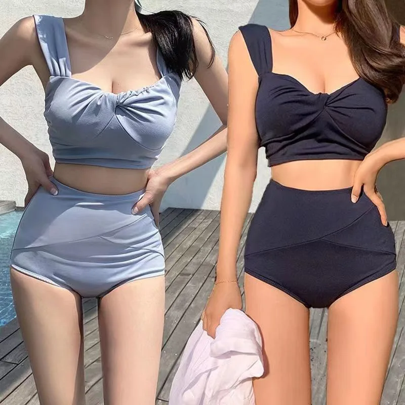 

2025 New Women's Korean Two-Piece Swimsuit - High-Waisted Tummy-Control Solid Color Modest Split Swimwear for Hot Spring