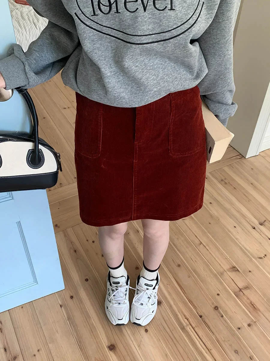 

Red Vintage High Waisted Corduroy Skirts 2025 Summer Fashion Women's Short Skirts Korean Style A-line Skirts