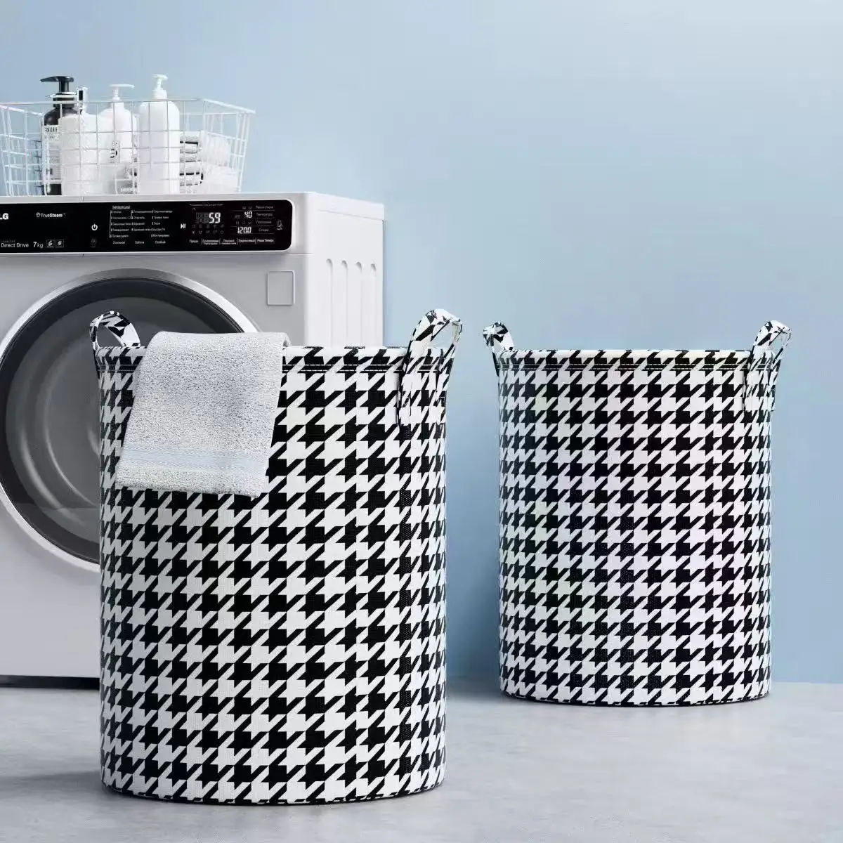 

Foldable Houndstooth Laundry Hamper, Modern Fabric Storage Basket with Handle, Versatile for Bedroom, Bathroom, Living Room