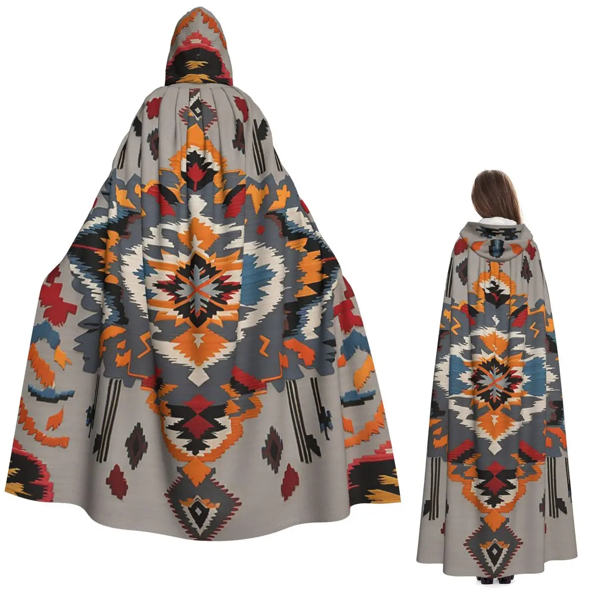 Tribal Navajo Aztec Ethnic Hipster Print Long Hooded Cloak Witch Medieval Costume Cosplay Cape HalloweenParty Adult Unisex