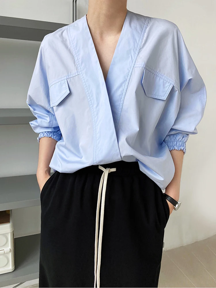 [EAM] Women White Big Size Shaped Blouse New V-collar Long Sleeve Loose Fit Shirt Fashion Tide Spring Autumn 2024 1DE2808