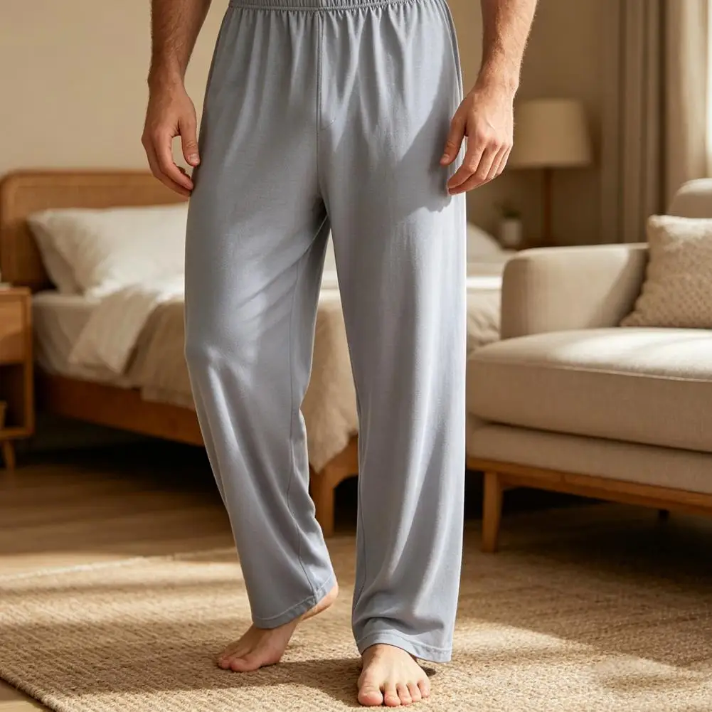 Men Summer Pajama Pants Men's Ice Silk Pajama Pants Elastic Mid-rise Wide Leg Lounge Trousers Soft Breathable Stretchy Sleepwear