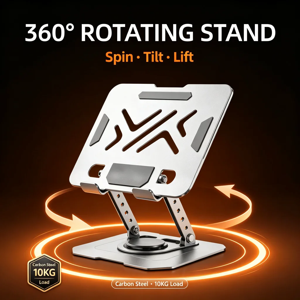 360° Rotating Metal Tablet Stand Foldable Desktop Holder for IPad/Phone Universal for Study Meeting Video Calls
