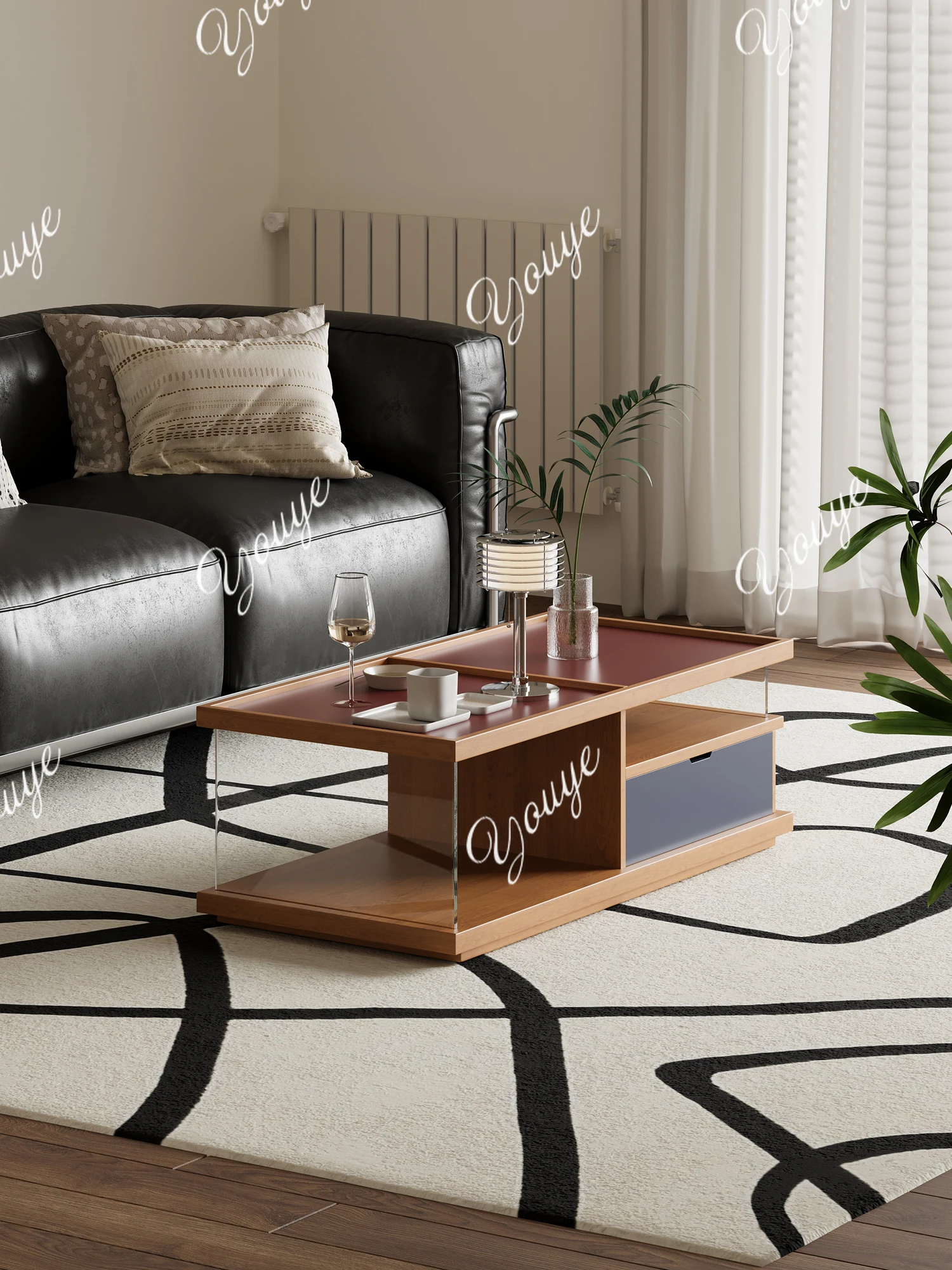 Solid wood retro colored glass multi-grid coffee table household guest tea table sofa edge light luxury storage cabinet