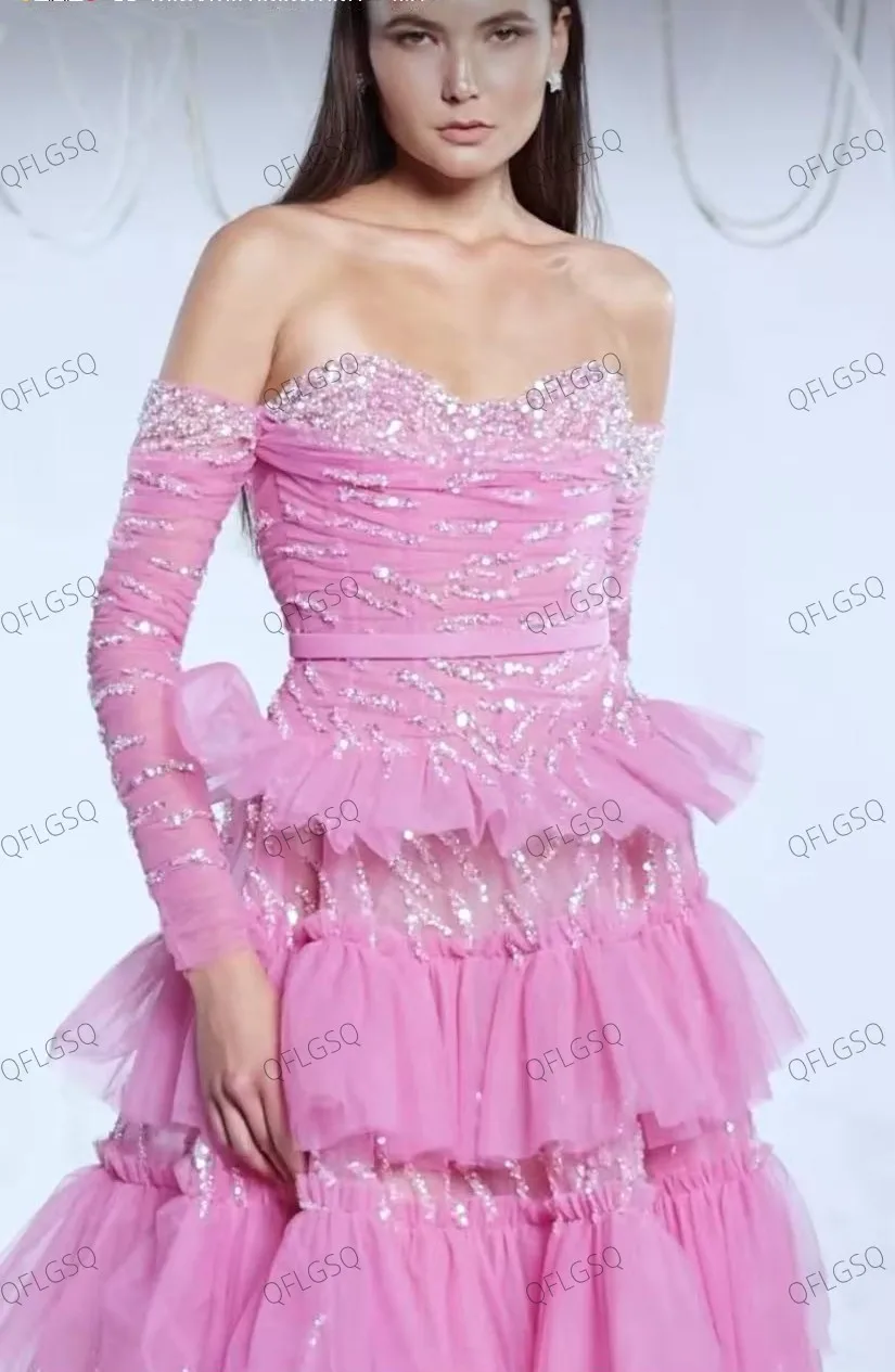 Brilhante rosa renda vestido de noite sem alças aparados vestidos de festa camada acima da camada tule até o chão vestidos de casamento de manga completa