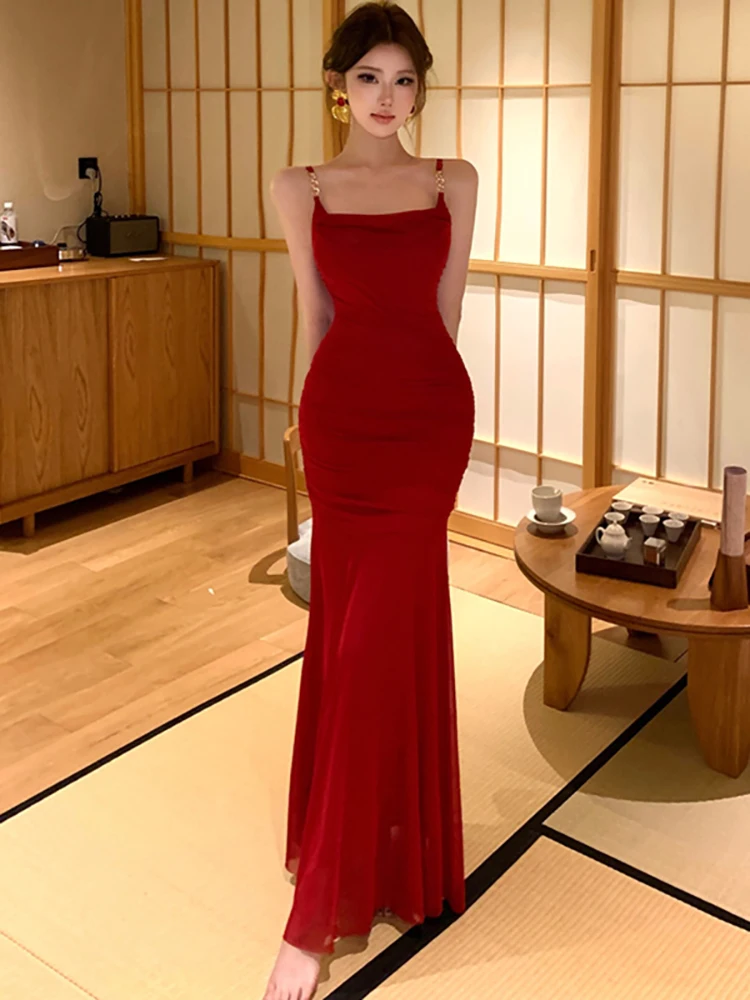 

Вечернее платье 2026: красное, сетчатое, плиссированное, с оборками, в стиле пэчворк, длинное, женское, винтажное, люксовое, летнее, корейское, элегантное, облегающее, для вечеринок