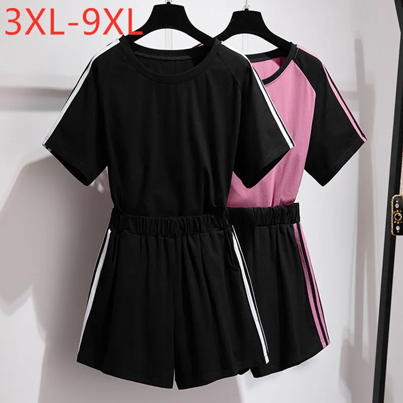 New 2022 Summer Plus Size Women Sports Sets Large Loose Black Cotton T-shirt And Shorts Training Suit 4XL 5XL 6XL 7XL 8XL 9XL