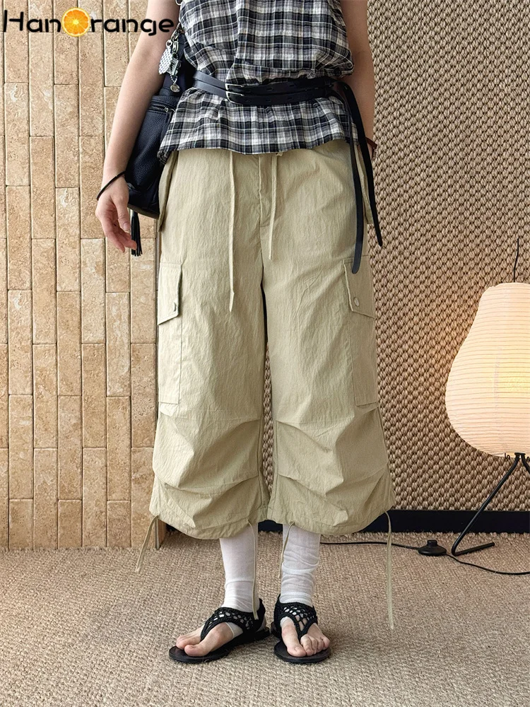 HanOrange 2026 Summer Fashion Large Pockets Spliced Cargo Capris Women Loose Straight Calf-length Pants Khaki/Workwear Green