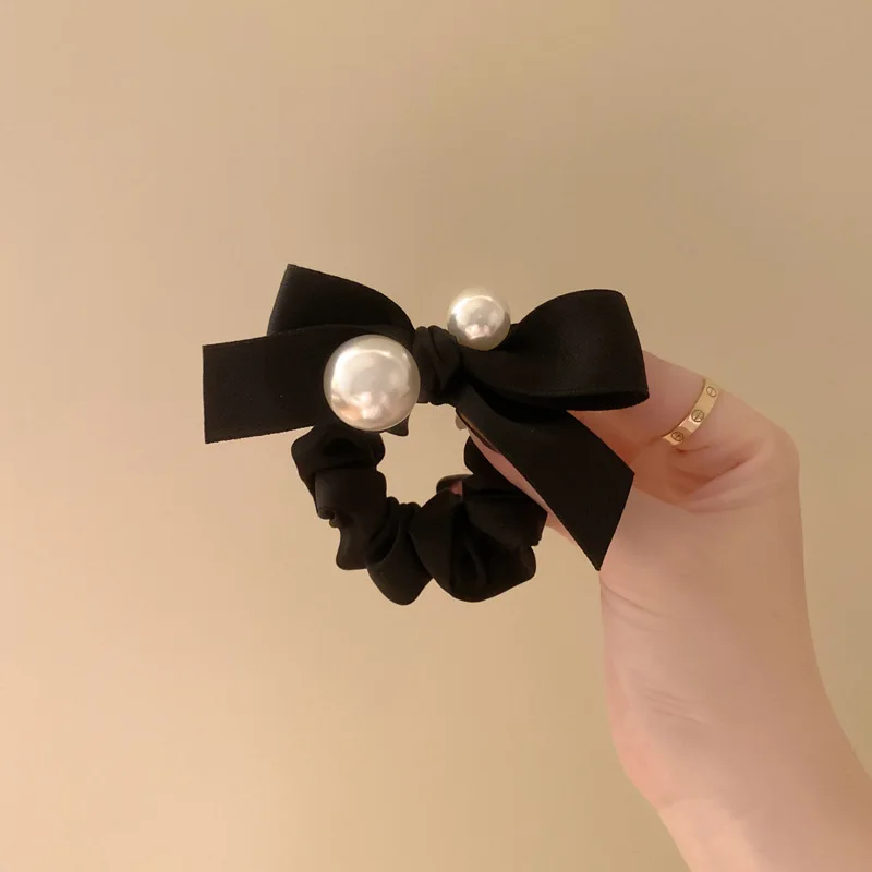 

Pearl Scrunchies Satin Hair Ties for Women Elegant Black Bow Knot Elastic Hair Bands Snag Free Strong Hold