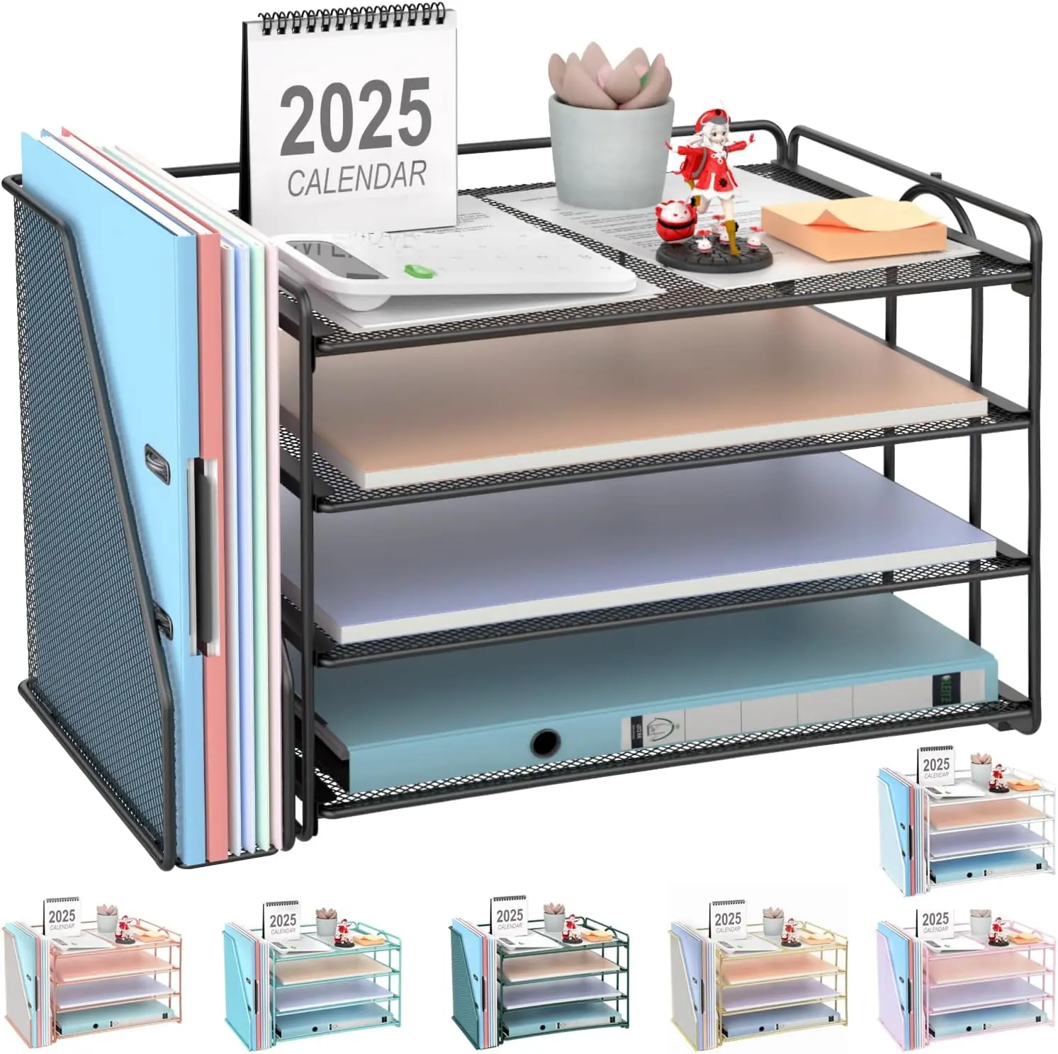 

4-Tier Metal Desk Organizer with Magazine Holder, Black Office File Storage for Papers and Supplies