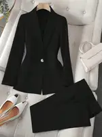 Traje de Dos Piezas para Mujer, Color Negro Sólido, Blazer de Manga Larga y Pantalones Cortos de Cintura Alta, Conjunto para Oficina y Trabajo, 2026