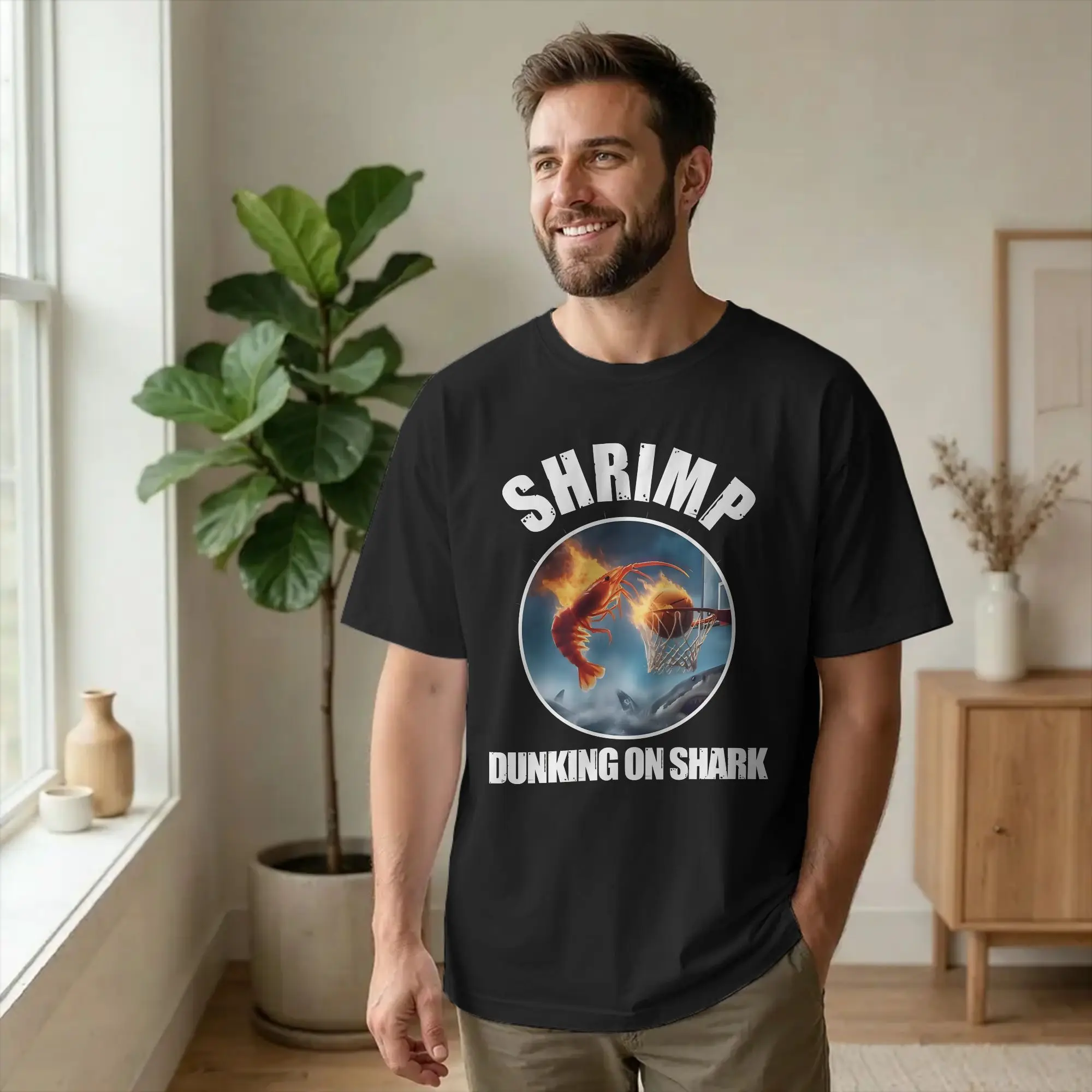 Men Women Shrimp Dunking On Shark Basketball T Shirt Shrimp Meme Cotton Clothing Short Sleeve Round Collar Tee Shirt