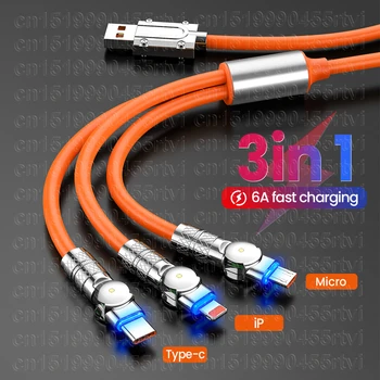 화웨이 데이터 케이블용 USB 케이블, 아이폰 15, 14, 13 프로 맥스용, 3 인 1, 180 ° 회전, 6A, 100W, 8 핀, C타입, 마이크로 고속 충전 케이블
