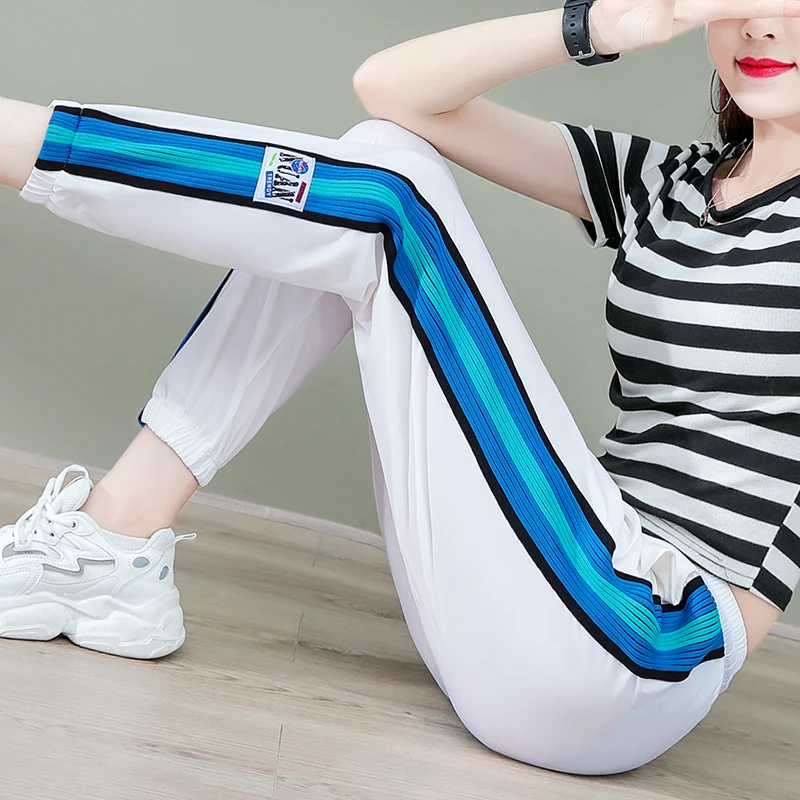 

Women's Spring Autumn High Waisted Solid Shirring Drawstring Striped Letter Printed Patch Harlan Casual Sports Trousers Pants