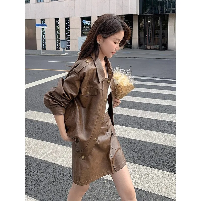

Leather Jacket Top And Skirt Set Women's Fashion Autumn Collection Short Skirt Ensemble American Style Jacket Coat