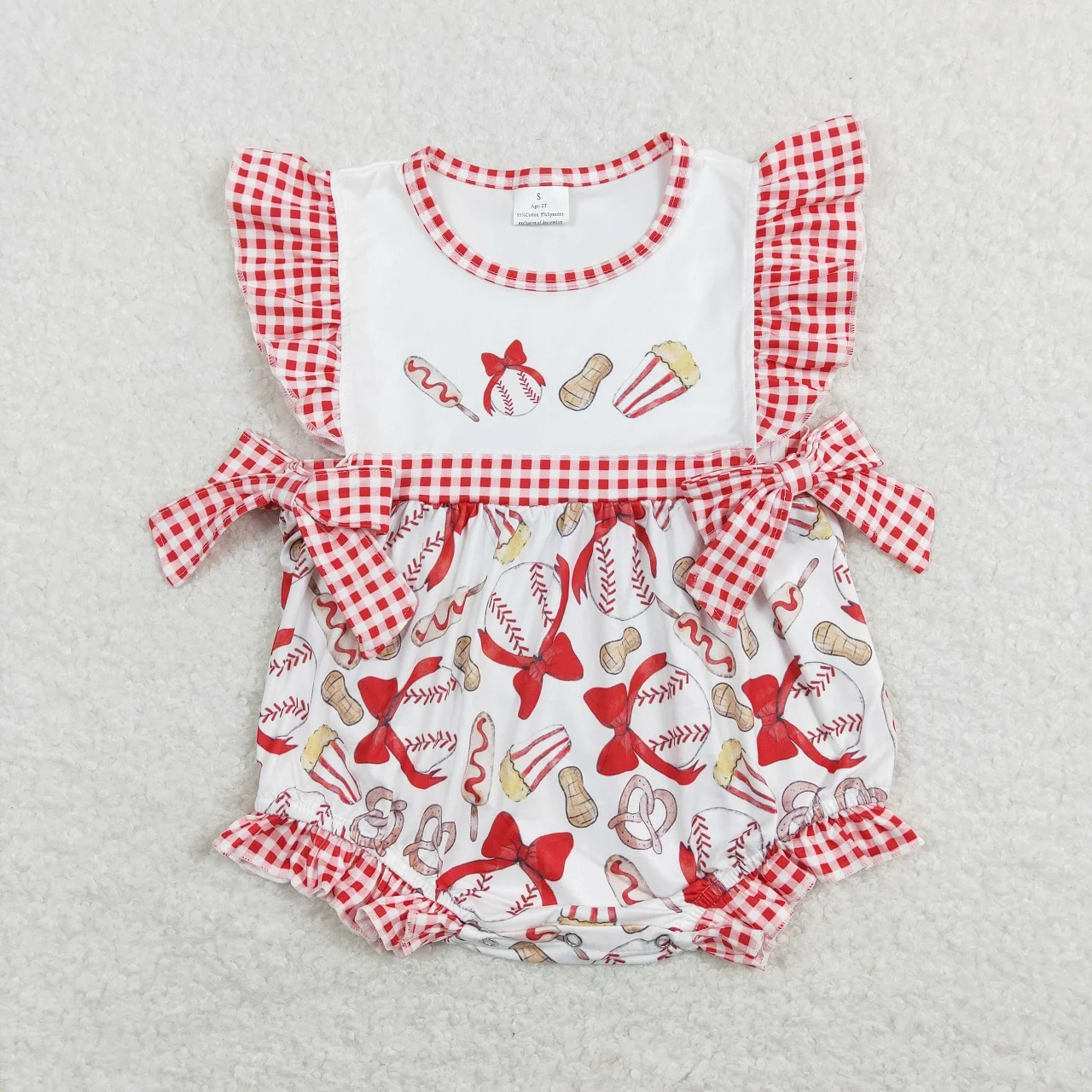 Wholesale Baby Girl Toddler Baseball Romper Newborn Coverall Bodysuit Short Sleeves Plaid Ruffle Ball Jumpsuit Kids One-piece