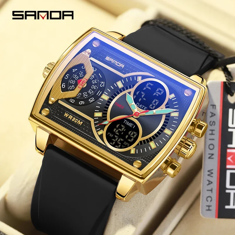 SANDA Top Herrenuhr mit großem Zifferblatt, drei Zeitzonen, Edelstahl, Herren-Sportuhr, digital, Militär-Quarzuhr, Wecker, Relogio Masculino