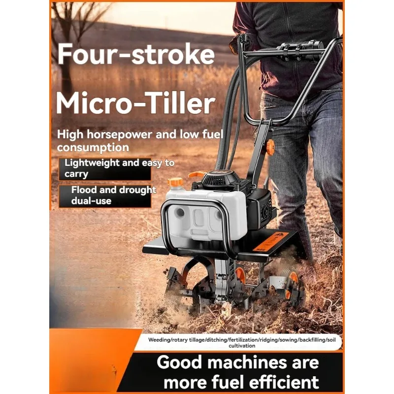 4-in-1 Commercial Micro G-asoline Tiller -4-Stroke Soil Cultivator for Loosening/Trenching/Weeding W/Wheel Kit