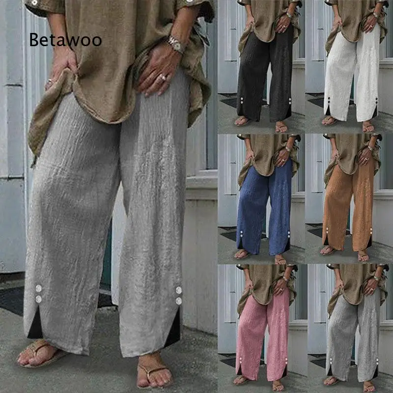 Women Loose Wide Leg Pants Side Button Split Hem Casual Elastic Waist Long Trousers for Women