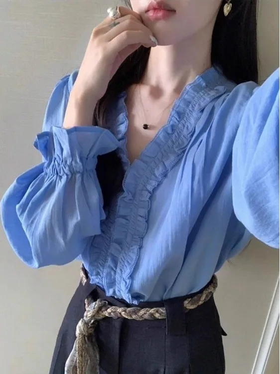 Early Autumn Korean Style Blue Shirt Short Chic Unique Beautiful Single Wear Atmosphere Sense Loose Lantern Sleeve Women's Bl...