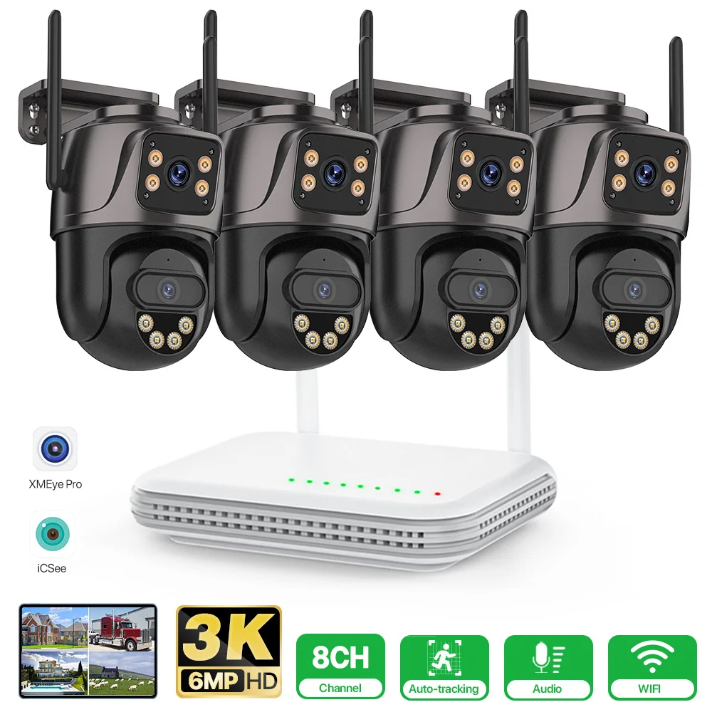 Outdoor 6MP Full HD 8CH Wireless NVR Security WIFI IP Dual Lens Camera System Kits Surveillance CCTV Audio Video Recorder