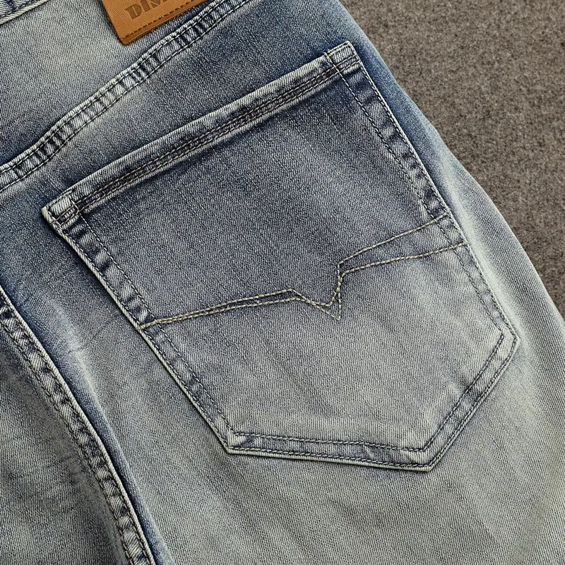 Jeans rasgado bordado masculino, calça jeans vintage, calça slim fit, moda streetwear, estiramento azul lavado retrô, designer