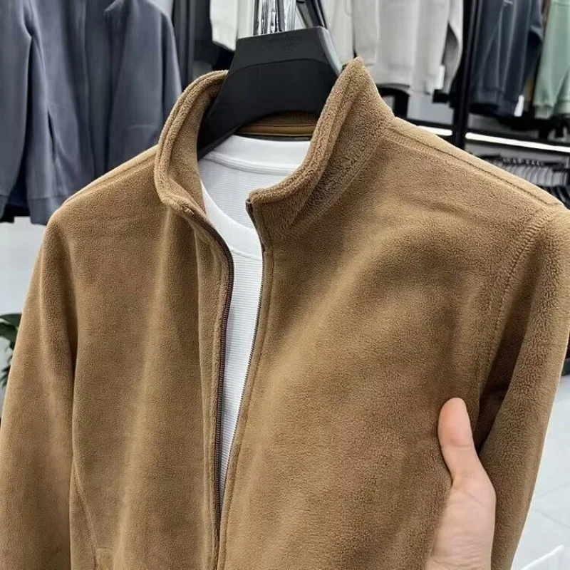 Men Polar Fleece Jacket  Stand Collar Warm Outdoor Coat Solid Color Multi Side Pockets Lightweight Hiking Camping Layer Sweater