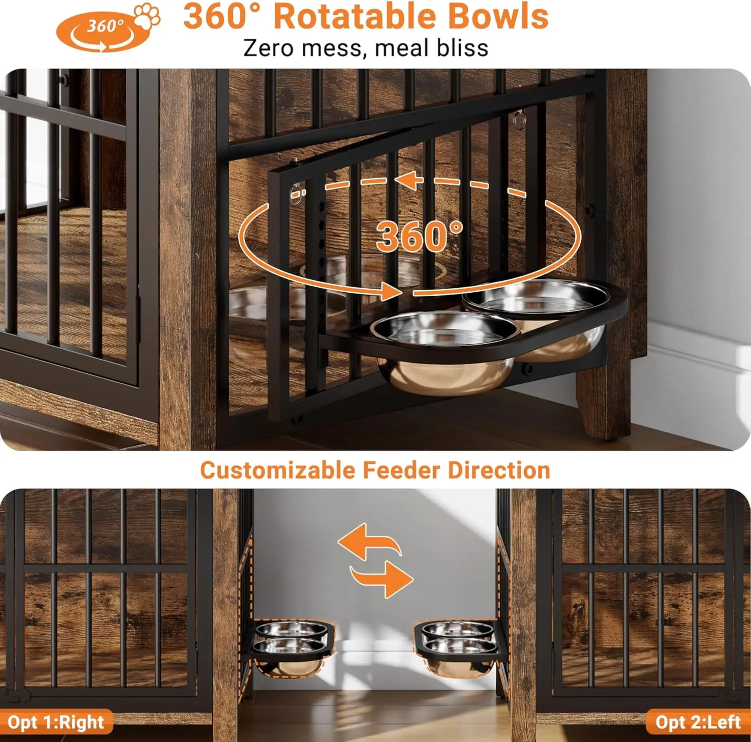 أثاث قفص للكلاب مقاس 31.5 بوصة، بيت كلب خشبي داخلي مع 360 درجة °   وحدة تغذية دوارة ووعاءين قابلين للتعديل، طاولة جانبية مزخرفة