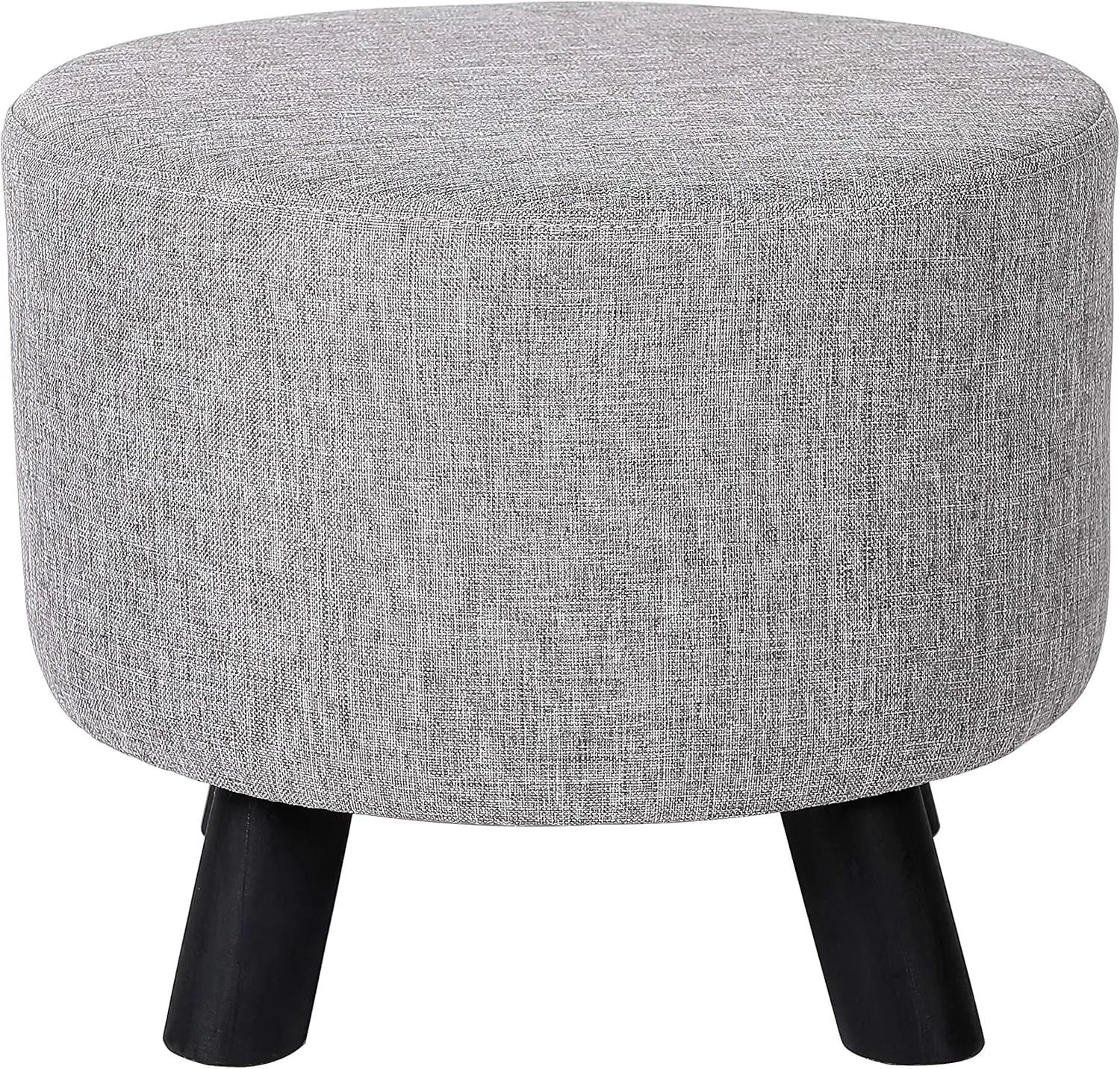 

Grey Linen Foot Stool Ottoman – Soft Compact Round Padded Seat - Living Room and Bedroom – Black Wood Legs Upholstered