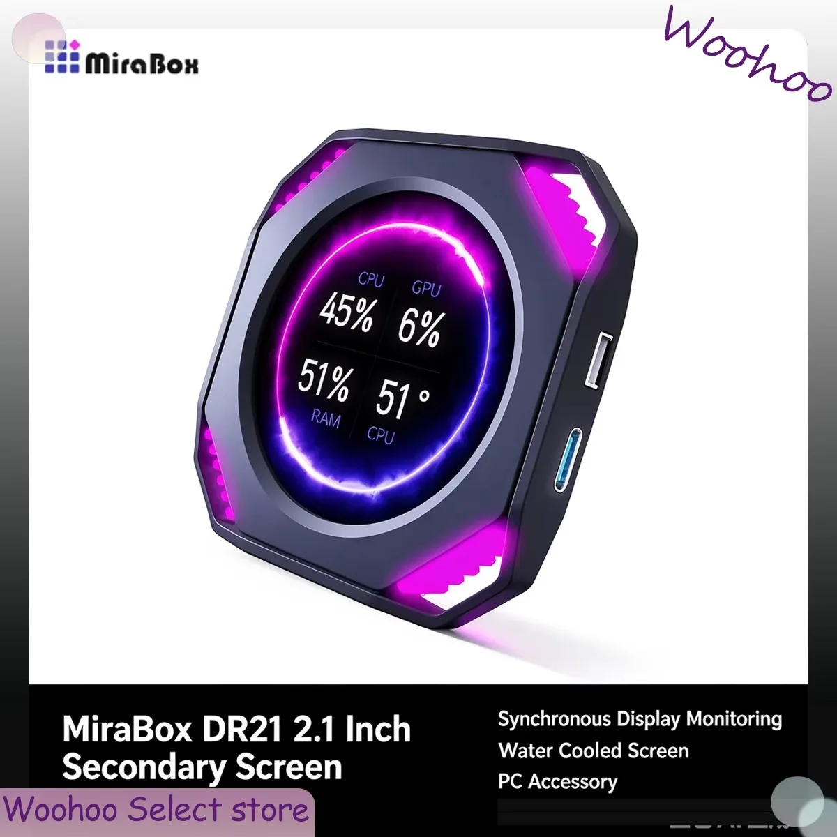 Mirabox DR21 2.1 Inch Secondary Screen Synchronous Display Monitoring Water Cooled Screen PC Accessory for Desktop Computer