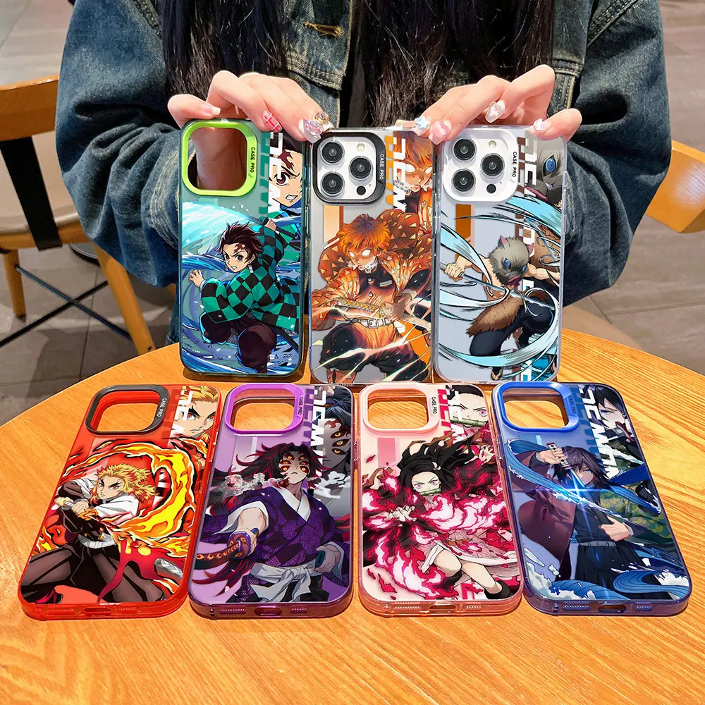 Japan Anime Demon Slayer Phone Case for IPhone 13 12 11 15 14 Pro Max Plus Lens Creative Border Silver Plated Inside Hard TPU