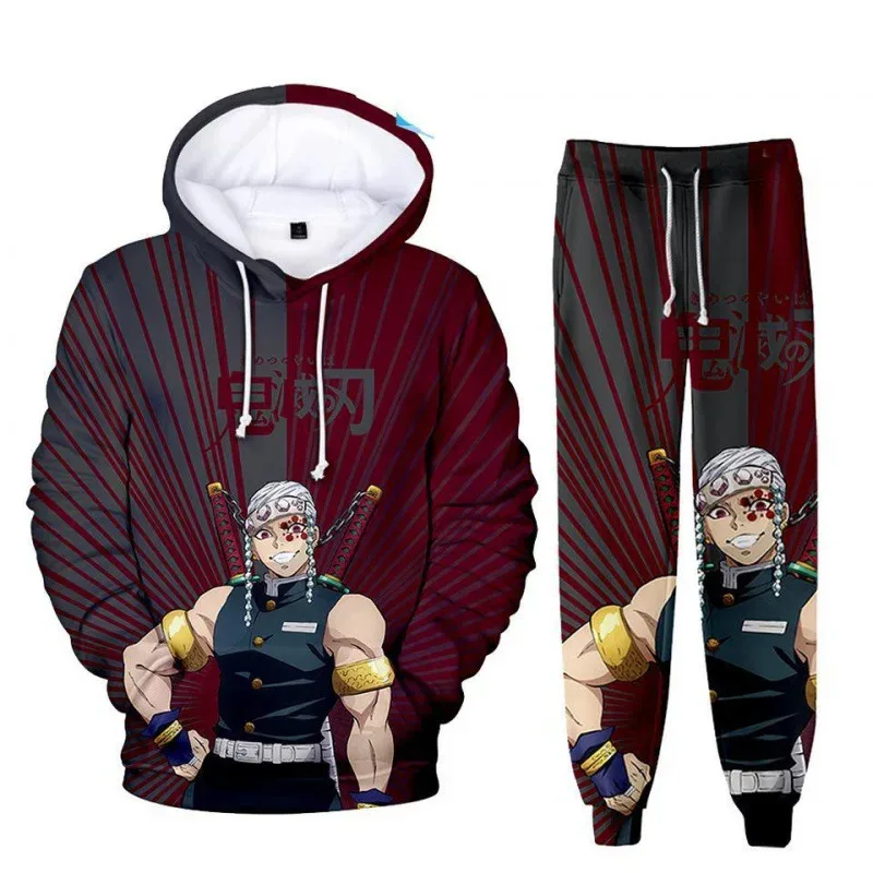 Anime Demon Slayer Hoodies 3Dพิมพ์คอสเพลย์กางเกงHoodie 2PCSชุดTracksuitผู้ชายOversize Vintage Streetwear Hoodieกางเกงชุด