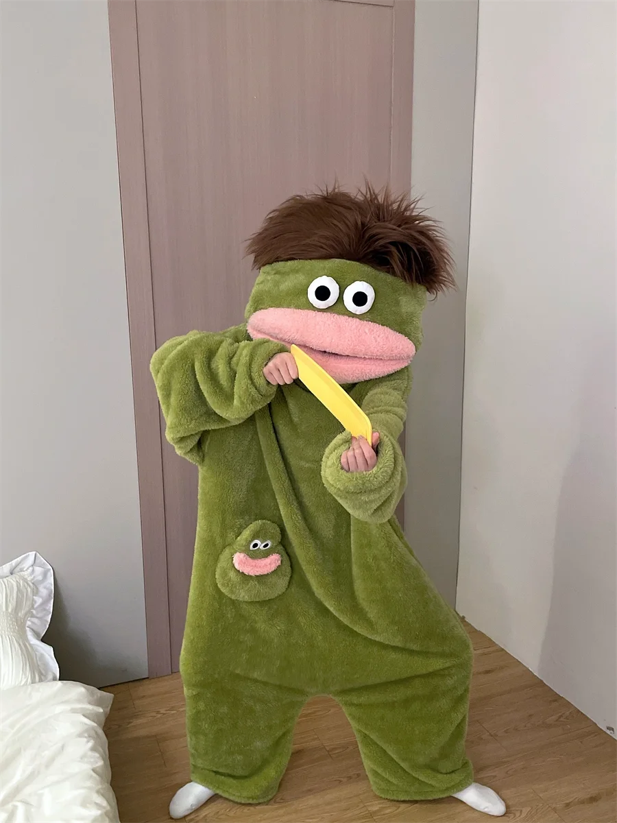 Generieke Big Mouth Monster Onesie Pyjama's Winter Dikke koraalfleece Lelijke schattige grappige warme loungekleding voor volwassenen Groen Lichtblauw