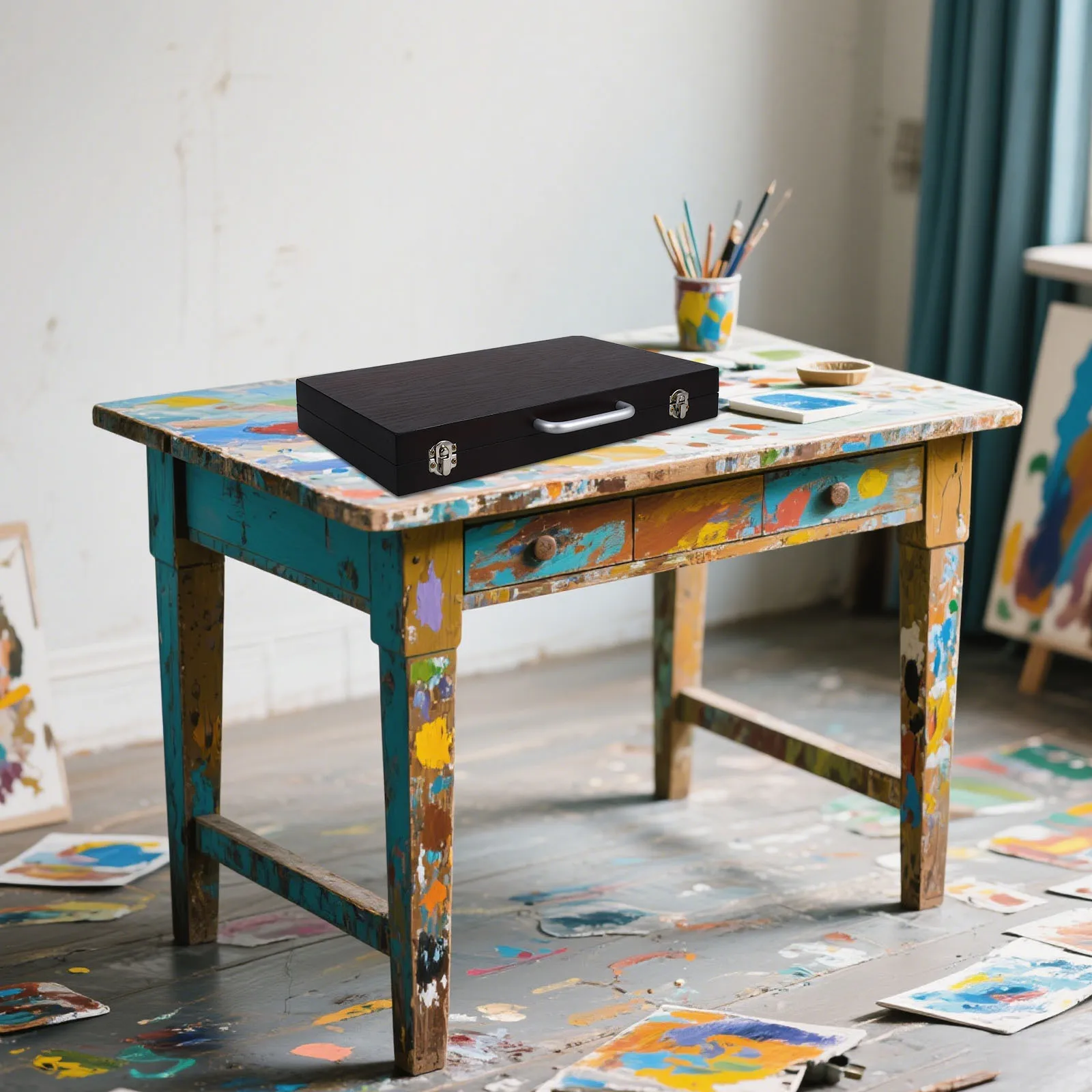 

Wooden Portable Paint Box Black Walnut Lightweight Artist Tool Case Outdoor Sketching Storage Box Watercolor Palette Travel