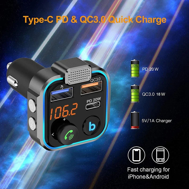 Car FM Transmitter Adapter Bluetooth 5.0 MP3 Player Wireless Handsfree Type-C PD 20W+ QC3.0 Fast USB Charger