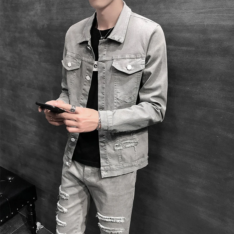 

Fall Men's Denim Jaet And Pants Set Slim Fit Long Sve irt Two Piece Set Youth Casual Sportswear Bullworld 928