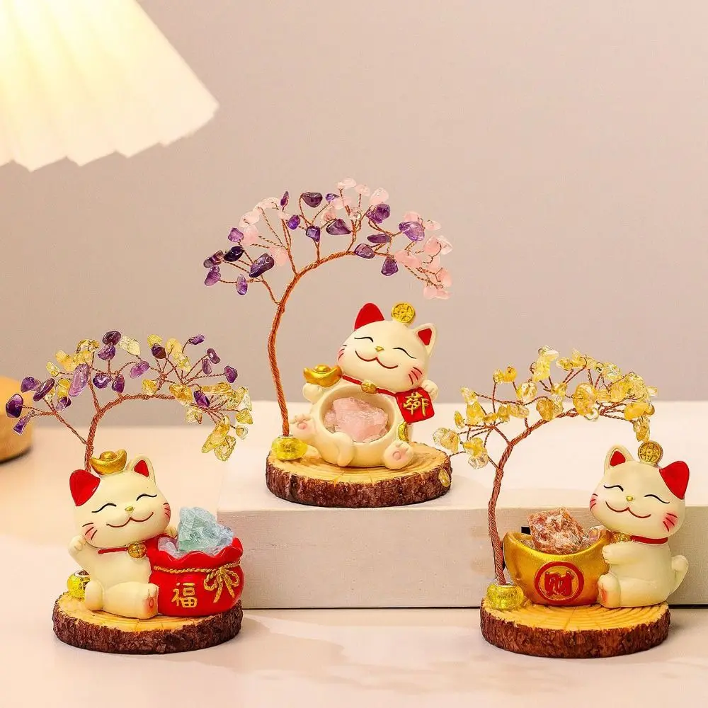 Creative Design Natural Crystal Crystal Tree Colorful Gravel Fortune Cat Energy Tree Christmas Gifts