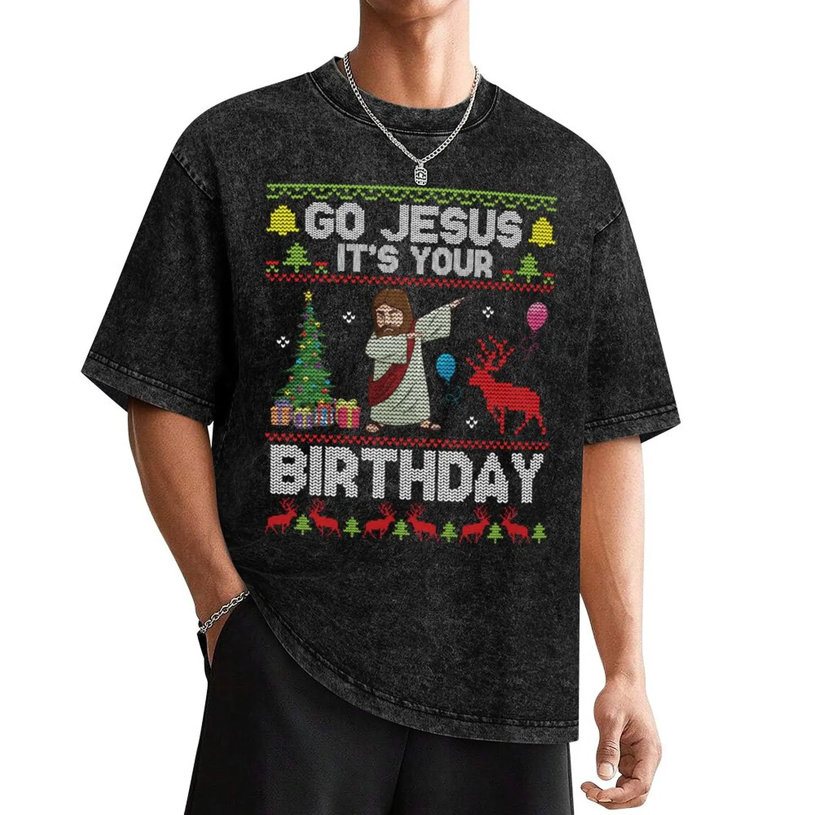 

Go Jesus It's Your Birthday Dabbing With Tree Reindeer Snow T-Shirt quick drying vintage graphic tee fitted t shirts for men