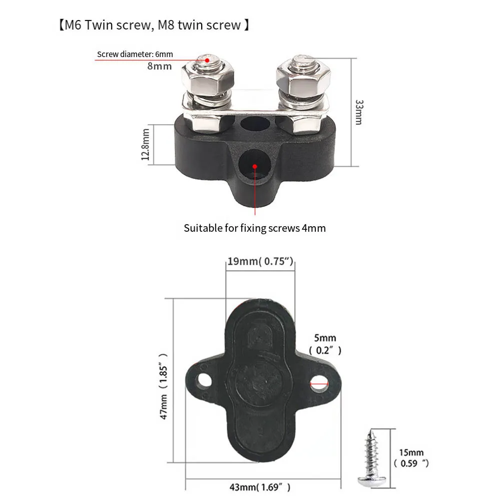 Parafuso de fiação dupla, 2 peças, bateria de parafuso de conexão dupla m8, blocos terminais de barra colectora 12-48v para carro, equipamento elétrico marinho