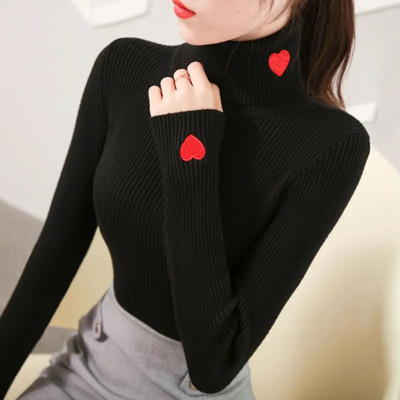 

Autumn Winter New Love Embroidered High Neck Sweater Solid Slim All-match Knitting Pullovers Fashion Elegant Women Clothing B19