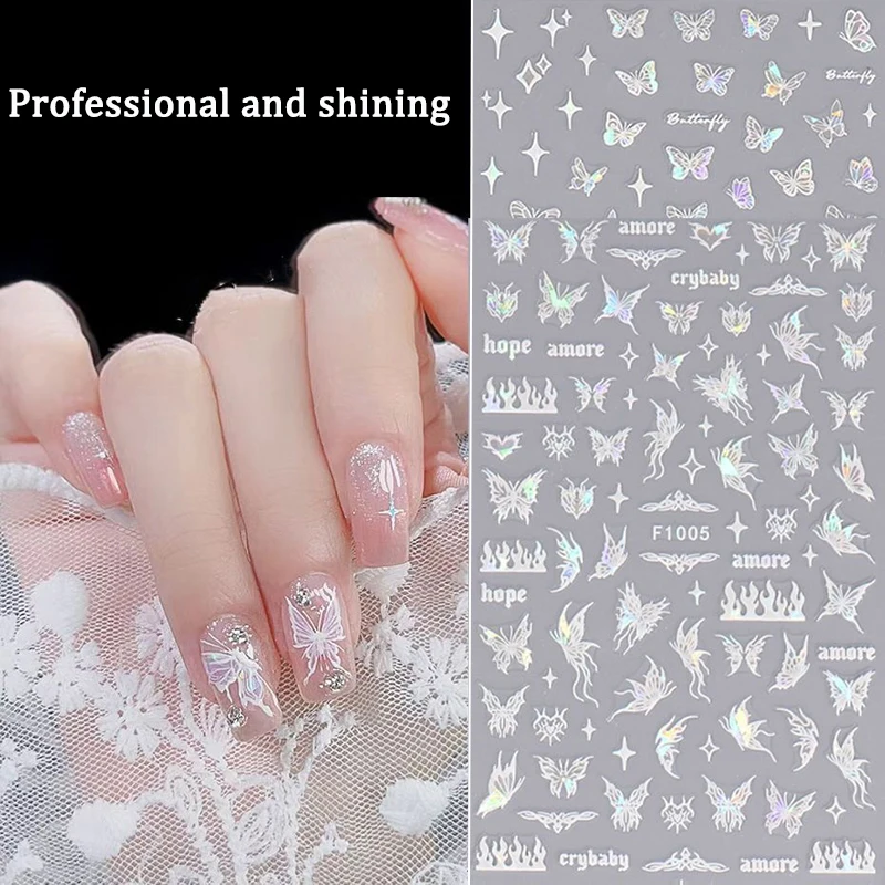 Różowy fiolet Aurora Shell 3D motyl naklejki na paznokcie błyszczące laserowe samoprzylepne naklejki na paznokcie dla majsterkowiczów Nail Art