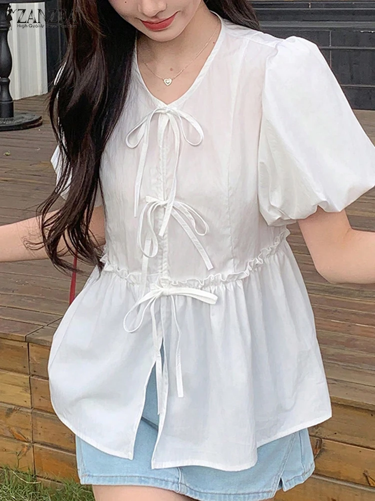 

Плюс размер 5XL ZANZEA, женская модная блузка, лето 2024, топы-туники, элегантные офисные женские рубашки, однотонные повседневные рубашки на шнуровке с рюшами