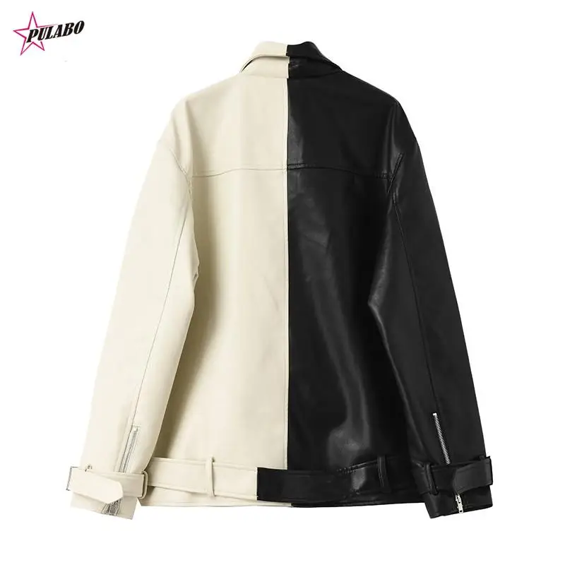 PULABO Spring Autumn Lapel Splicing Pu Leather Jacket Women Moto Frenulum Faux Soft Leather Coat Casual Loose Outwear With Belt