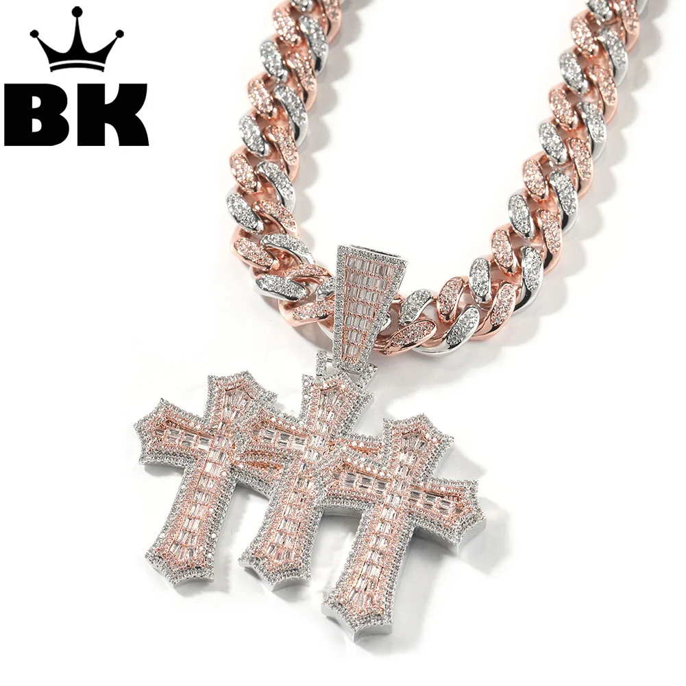 THE BLING KING Iced Out Triple Cross Pendant Necklace For Women Micro Paved Baguette Cut Cubic Zirconia Two-tone Color Jewelry