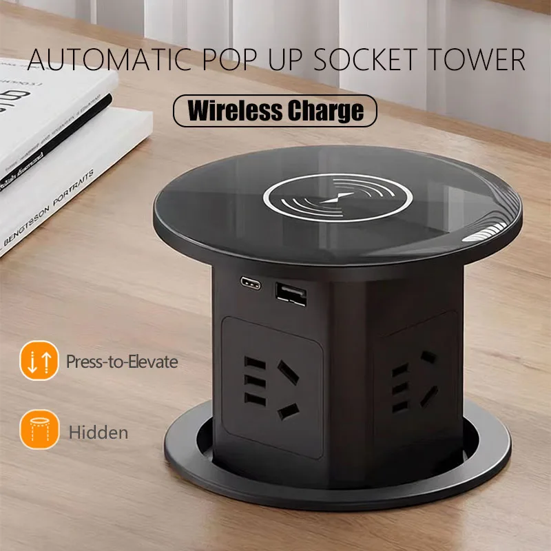 automatic-pop-up-socket-tower，hidden-lifting-power-outlet-with-usb-type-c-wireless-charge-universal-for-us-uk-eu-au-standards