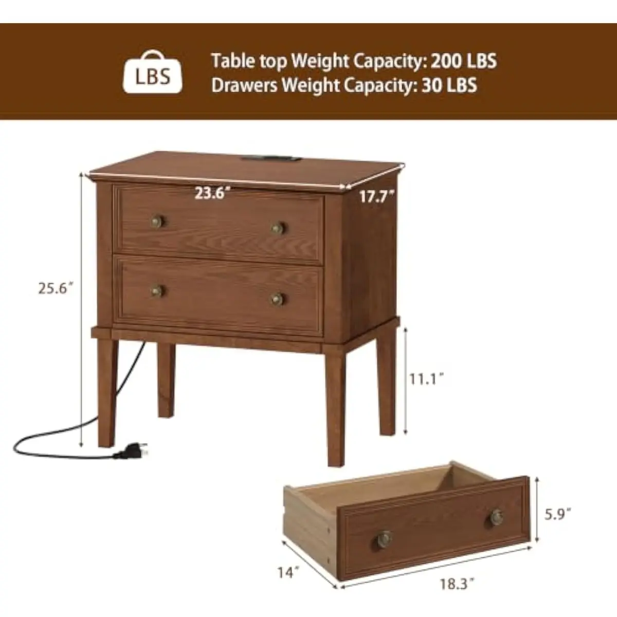 Solid wood nightstand duo with integrated power hub featuring dual outlets USB and TYPE-C ports two spacious drawers beveled edg