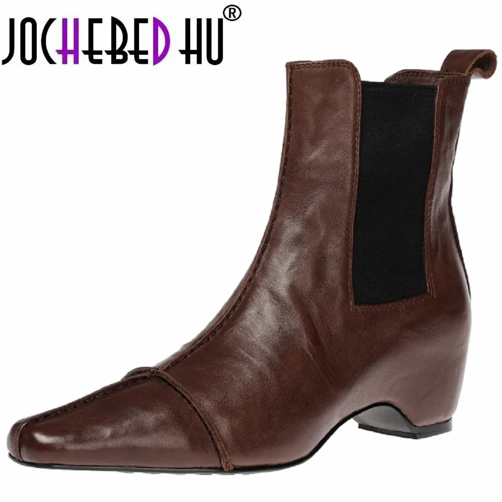 

【JOCHEBED HU】Women's Handmade Genuine Leather elastic slip-on autumn ankle boots square toe casual female short flats chelsea