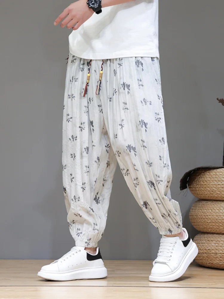 

New Chinese Sle Ice Silk Lantern Pants Men's Summer Thin Loose Trousers Baggy Harem Sle Big Size Trendy Casual Trousers