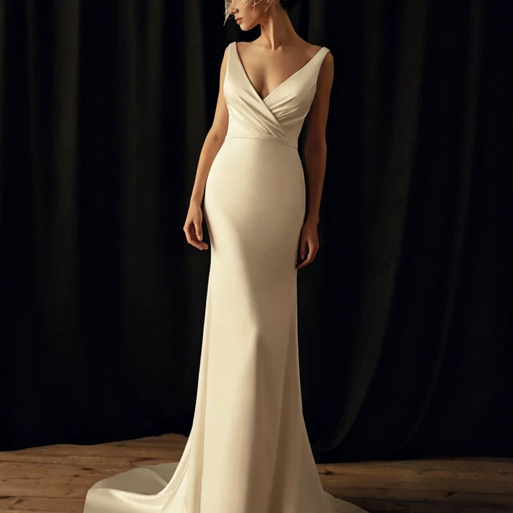 Customized Classy Mermaid Wedding Dress Deep V Sleeveless Detachable Pearl Bolero Smooth Satin Sweep Train Bridal Gown